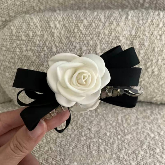 unbranded Accessories - Camellia Flower Hair Clip Black Ribbon Bow Claw Clip 4" Elegant Designer - NEW